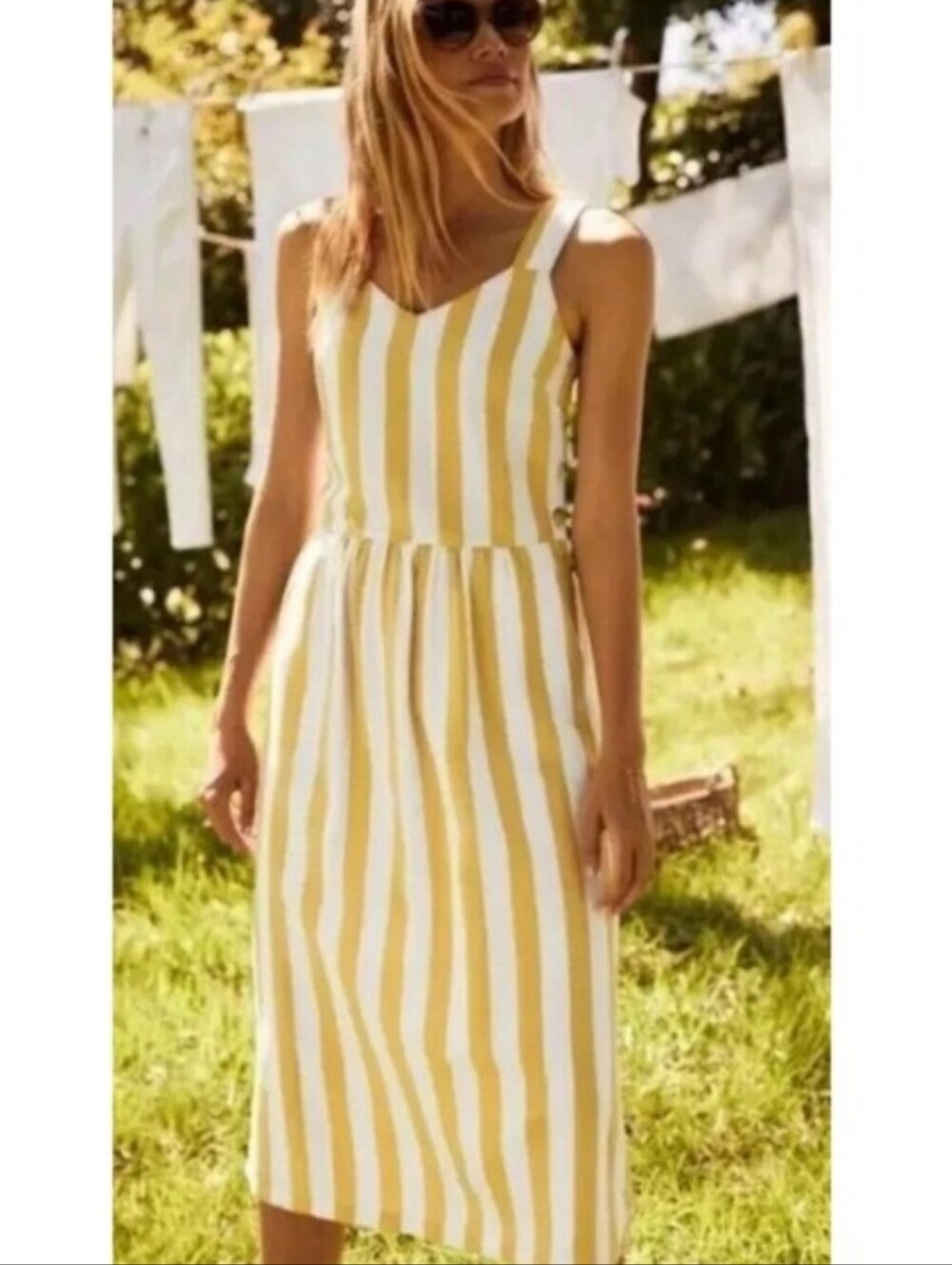 ☀️ Joules Macey Linen-Blend Striped Side-Button Midi Dress ☀️